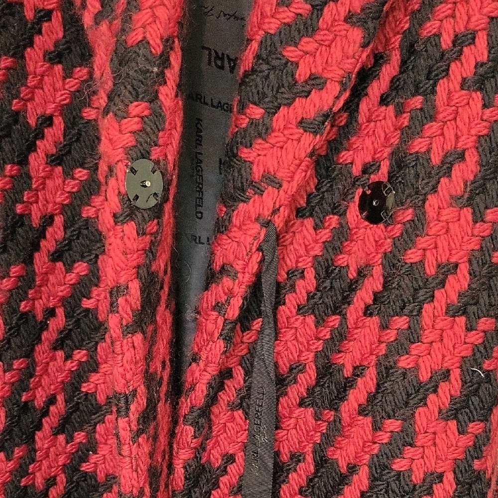 Karl Lagerfeld Red & Black Houndstooth Wool Blend Wrap Coat- LIKE NEW - Picture 10 of 16